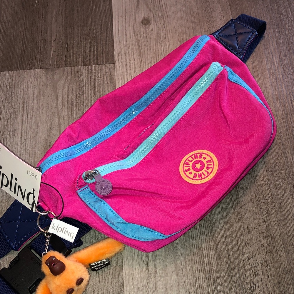 Kipling Yasemina Nylon Waist Pack Azalea Pink Color Block + Monkey Keychain NWT - Picture 5 of 16